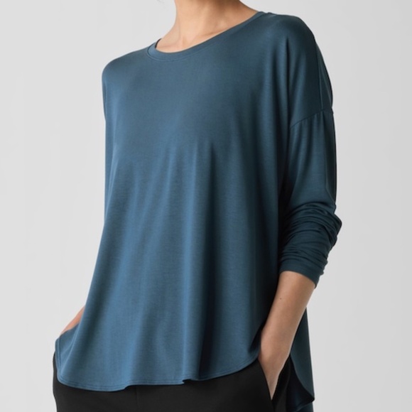 Eileen Fisher Fine Jersey Oversized Round Neck Top Alpine Green Size Large - Picture 3 of 11